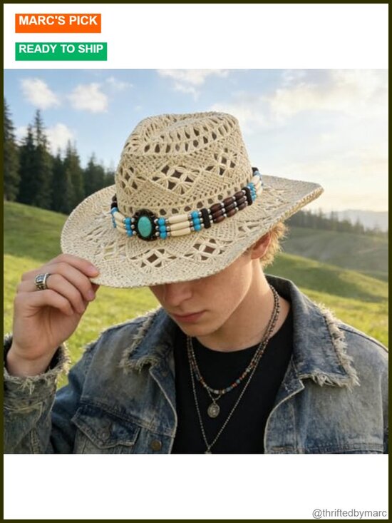 Wide Brim Straw Cowboy Hat Cowgirl Western with Decorative Band main image 4